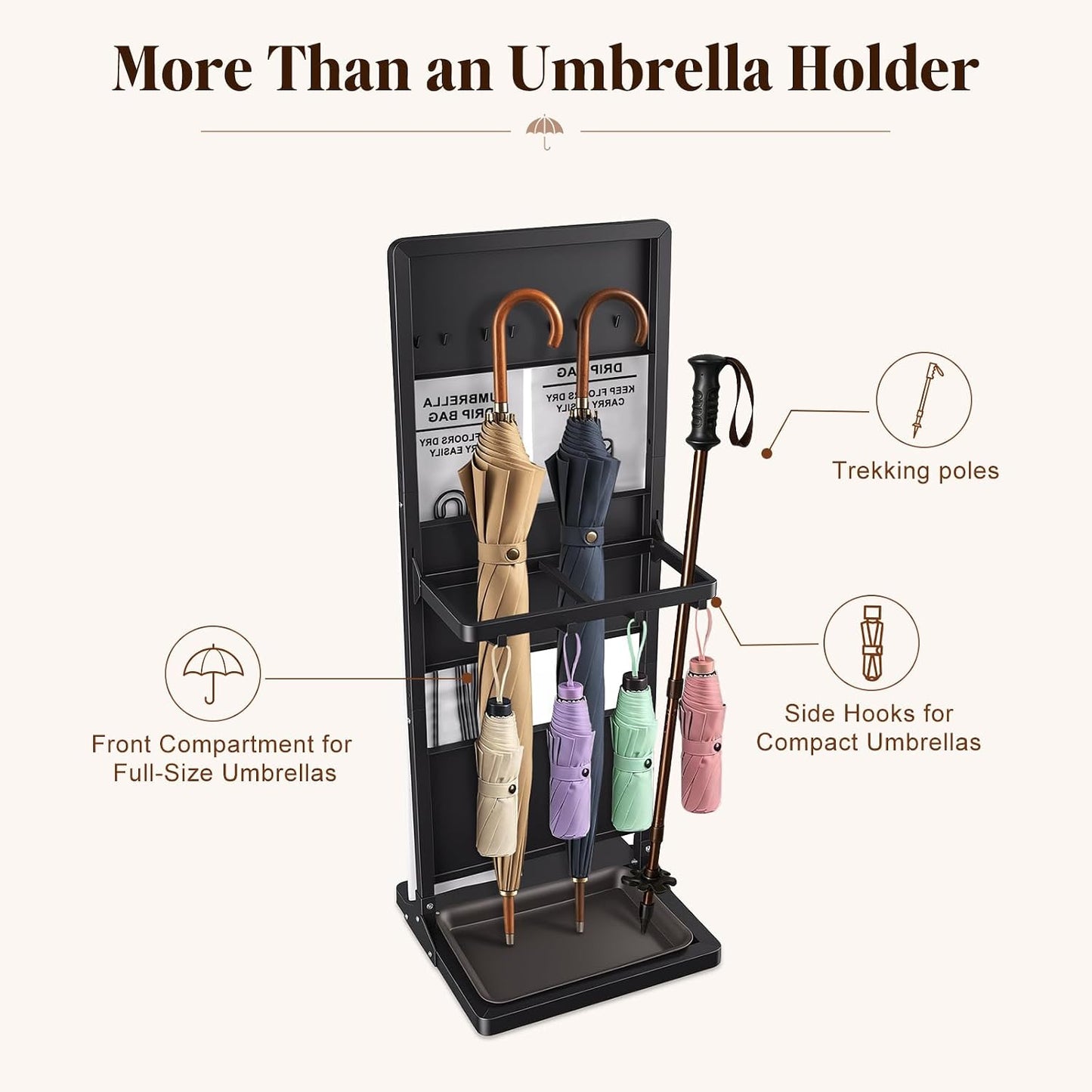 Wet Umbrella Stand with Bag Holder, Entryway Organizer with Drip Tray