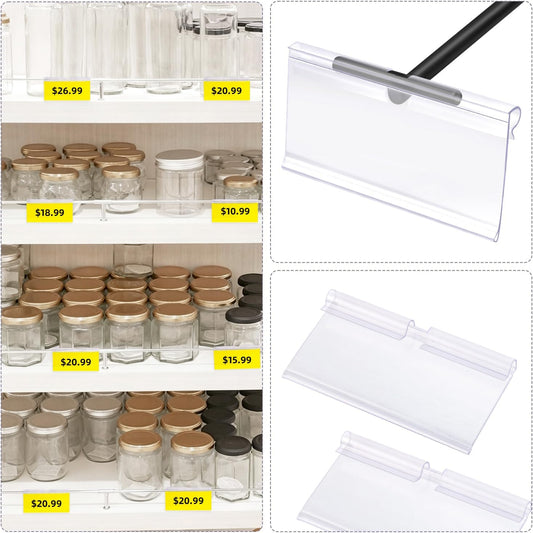 50 Pcs Clear Plastic Wire Shelf Label Holders, Basket Bin Labels Clip On for Storage Bins, Reusable Price Tag Holder, Merchandise Sign Display for Pantry Retail Shop (2.4 x 1.7 Inch)
