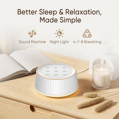 Noise Machine, White Noise Sound Machine for Baby & Adults, 26 Soothing Sounds, 8 Night Light Colors, Tap Control, 6 Timer Settings, Auto-Off & Memory, 4-7-8 Breathing (Black, Standar)