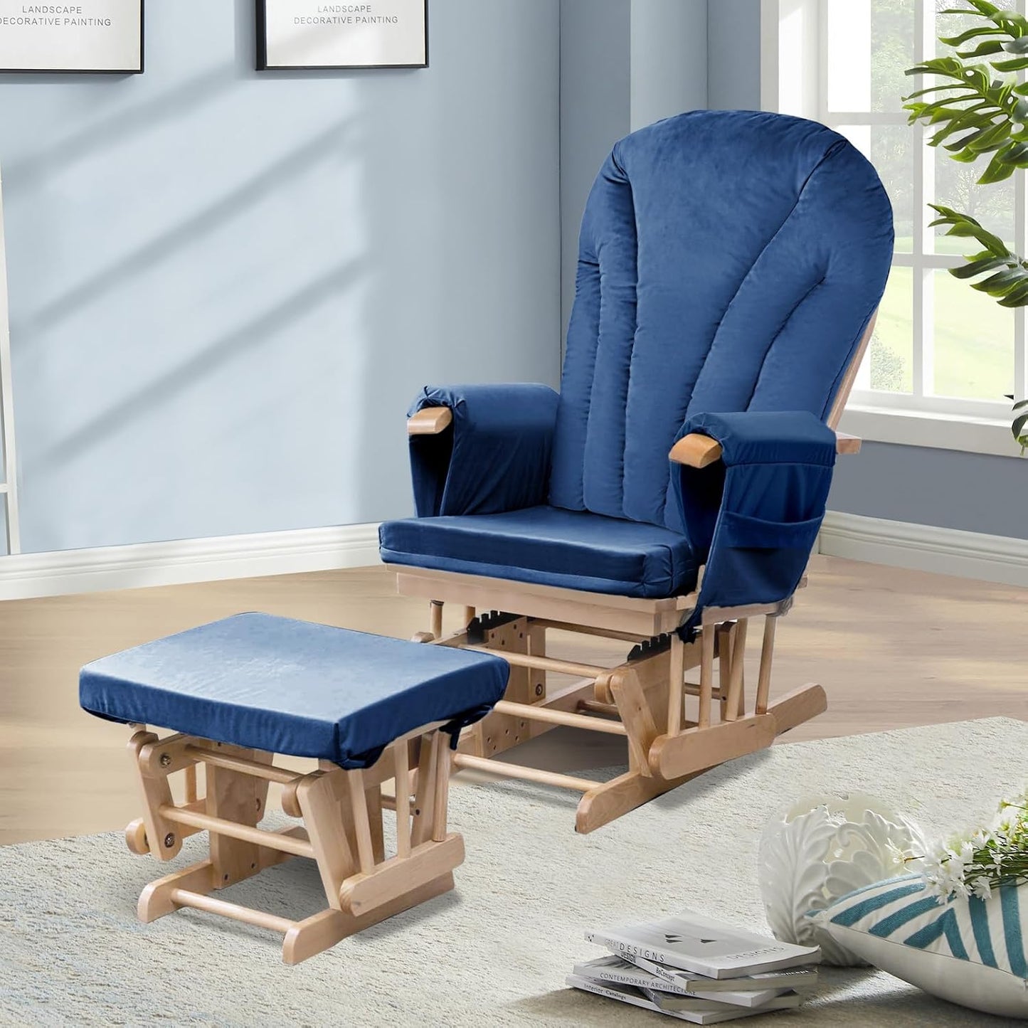 ANMINY 5pcs Glider Rocker Replacement Cushions Set with Ottoman Cushion, 3.5Inch Thickened Velvet Glider Rocking Chair Cushions with 29 inch High Backrest & Side Pockets for Indoor Nursery, Blue