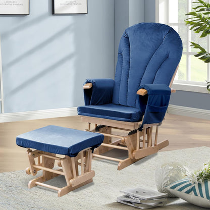 ANMINY 5pcs Glider Rocker Replacement Cushions Set with Ottoman Cushion, 3.5Inch Thickened Velvet Glider Rocking Chair Cushions with 29 inch High Backrest & Side Pockets for Indoor Nursery, Blue