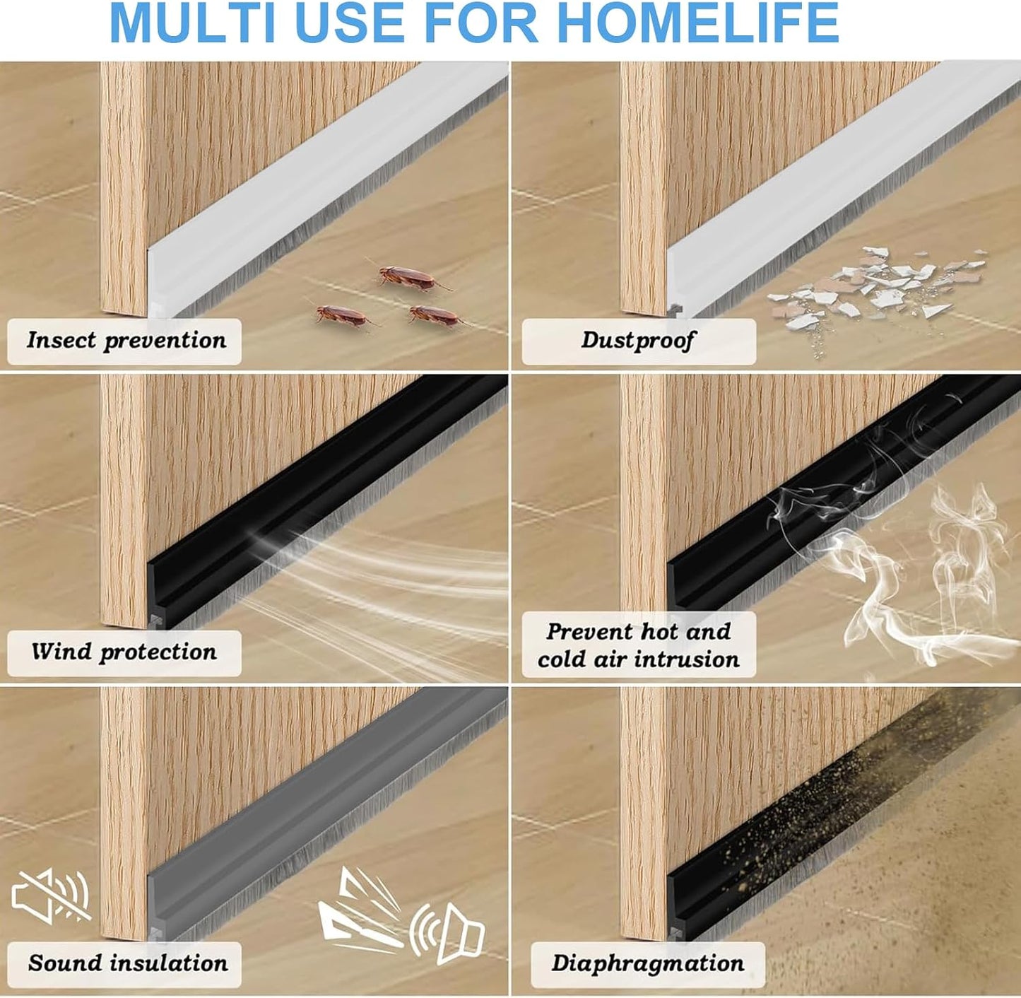 39-inch Door Draft Stopper with Brush - Adhesive Weather Stripping Seal for Exterior/Interior Doors | Under Door Sweep Blocks Drafts, Noise & Dust | Fits 1/4"-1" Gaps(White)