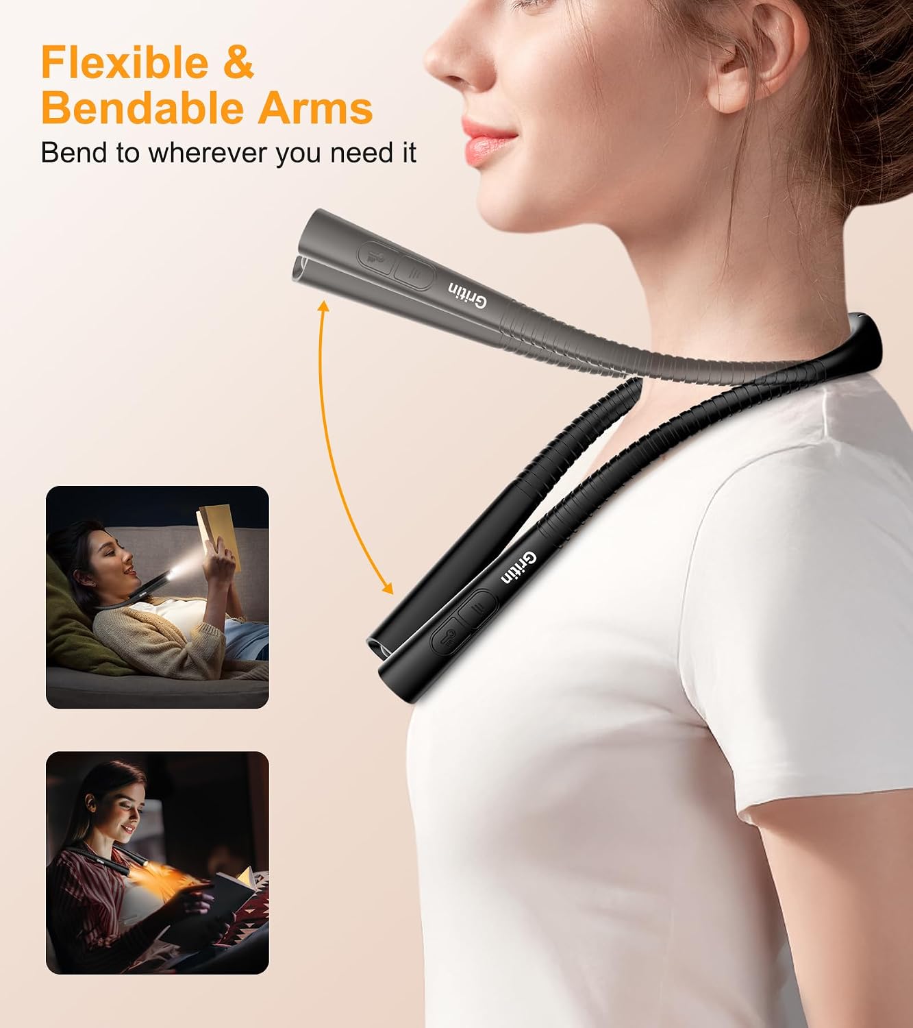 Gritin Book Light, Eye Caring 4-Color&5-Brightness Neck Light Reading Light | Stepless Dimming, 30-min Timer, 80+ Hrs Runtime, Bendable Round Neck Design, Lightweight for Reading, Knitting, Repairing