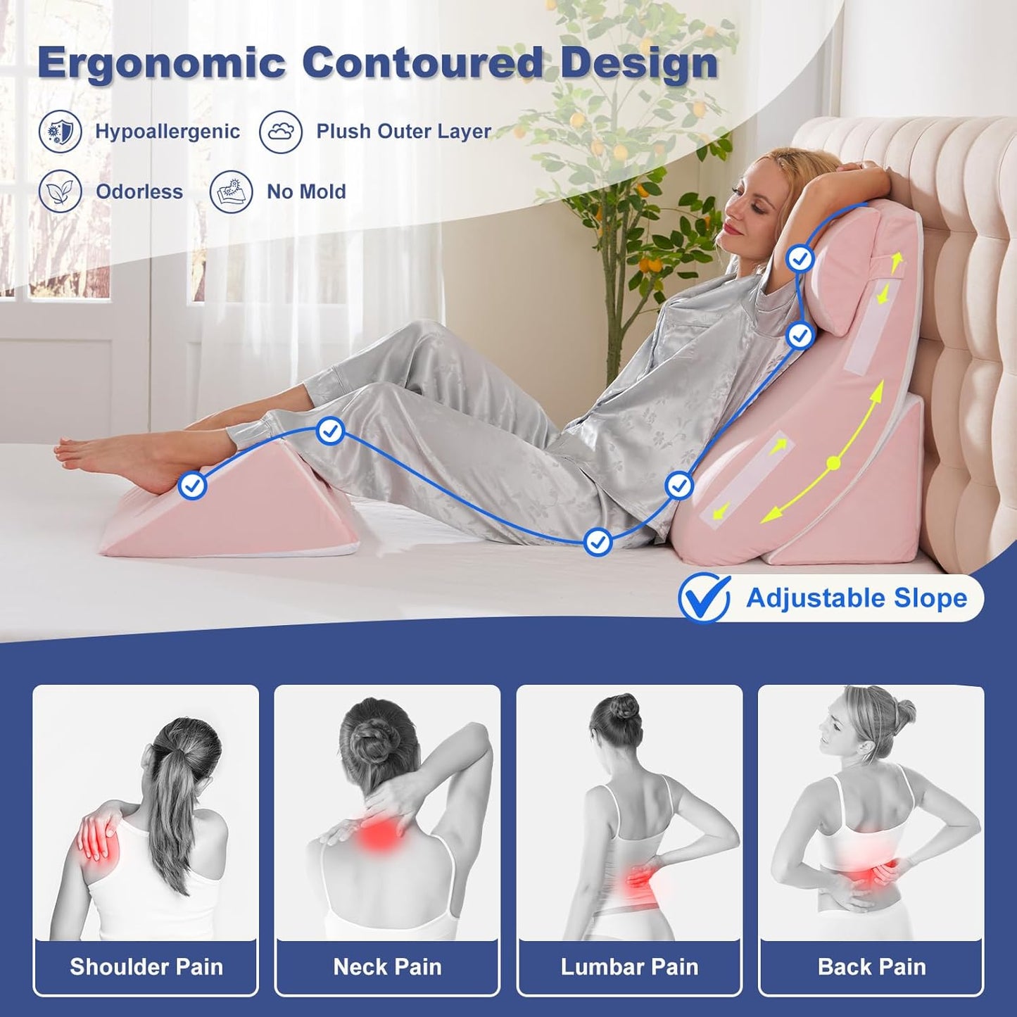 4PCS Orthopedic Bed Wedge Pillow Set for Sleeping, Post Surgery Foam Support Pillows for Back, Neck and Leg Pain Relief, Adjustable Triangle Pillow – Acid Reflux, GERD & Snoring Recovery, White Grey