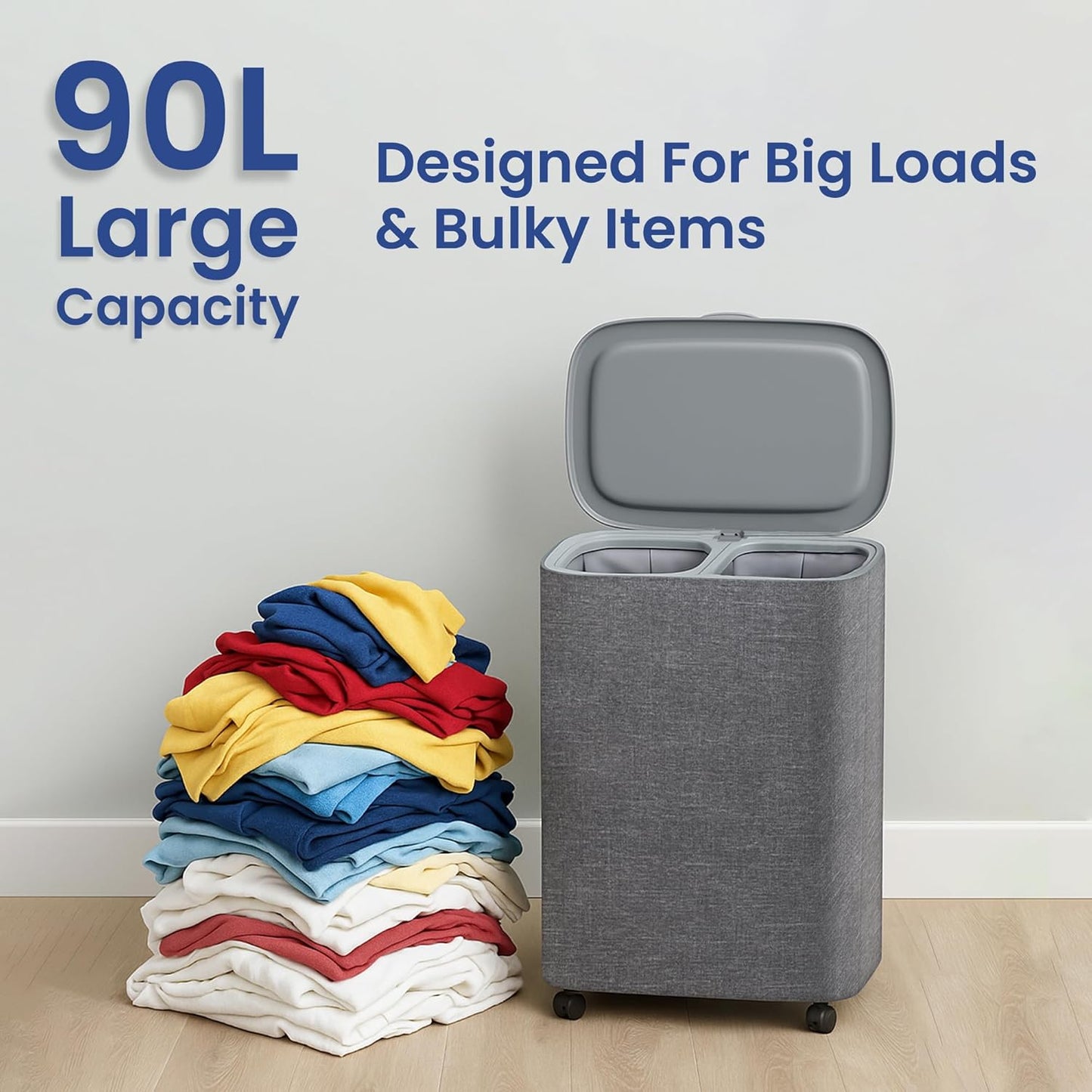 Dual Section 90L Laundry Basket with Wheels and Lid – Tall divided Double Laundry Hamper with 2 Removable Washable Bags, Large Laundry Sorter for Easy Clothes Separation