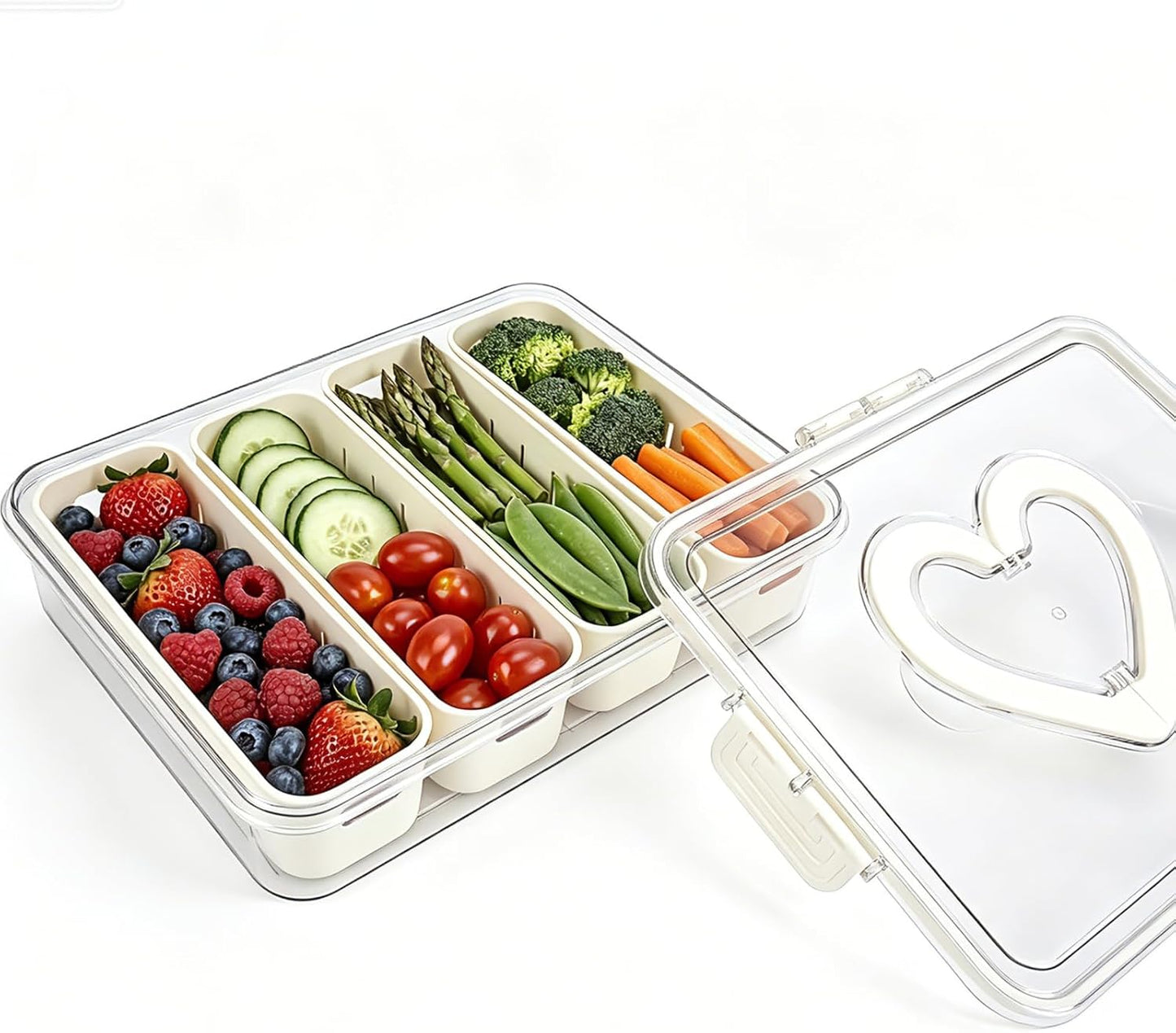 Salad Bar Containers for Fridge, Salad Storage Container with Handle and 4 Removable Colanders, Salad Prep Containers for Fridge, Vegetable Tray with Lid for Fruit Refrigerator Kitchen