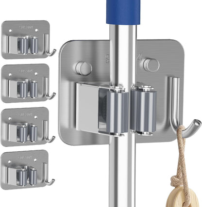 4 Pack Stainless Steel Mop and Broom Holder Wall Mount with Hook, Silver | Screw Drilling or Self Adhesive Storage Rack for Closet Laundry Garage Garden Tool Organizer