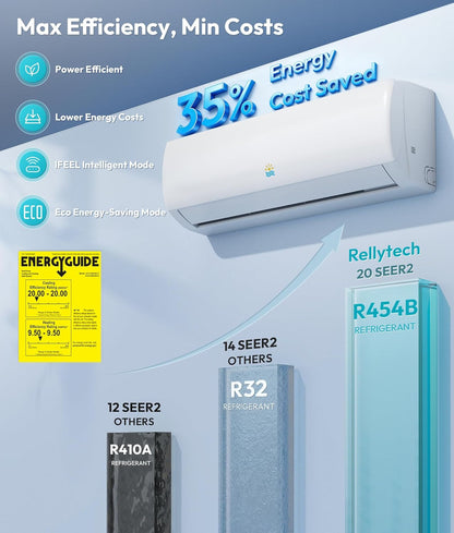 Rellytech Mini Split AC/Heating System - 9000 BTU Mini Split AC Inverter Heating and Cooling, 19 SEER2 115V/110V Energy Efficient Ductless Air Conditioner Up to 550sq.ft, Pre-charged System
