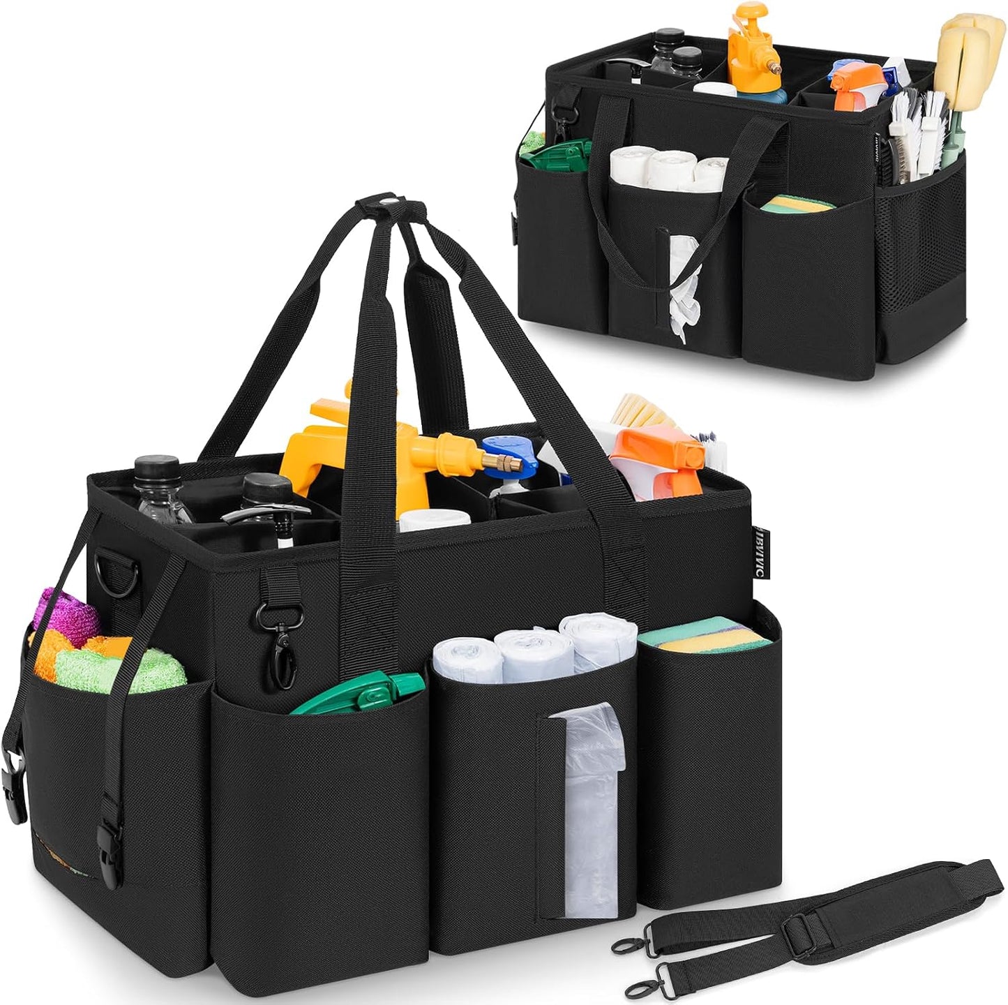 IBVIVIC Wearable Cleaning Caddy Bag for Cleaning Supplies, Black | Cleaning Organizer Tote Bag with Handle & Shoulder Straps Kitchen Cleaning Supplies Storage Bag for Cleaners & Housekeepers