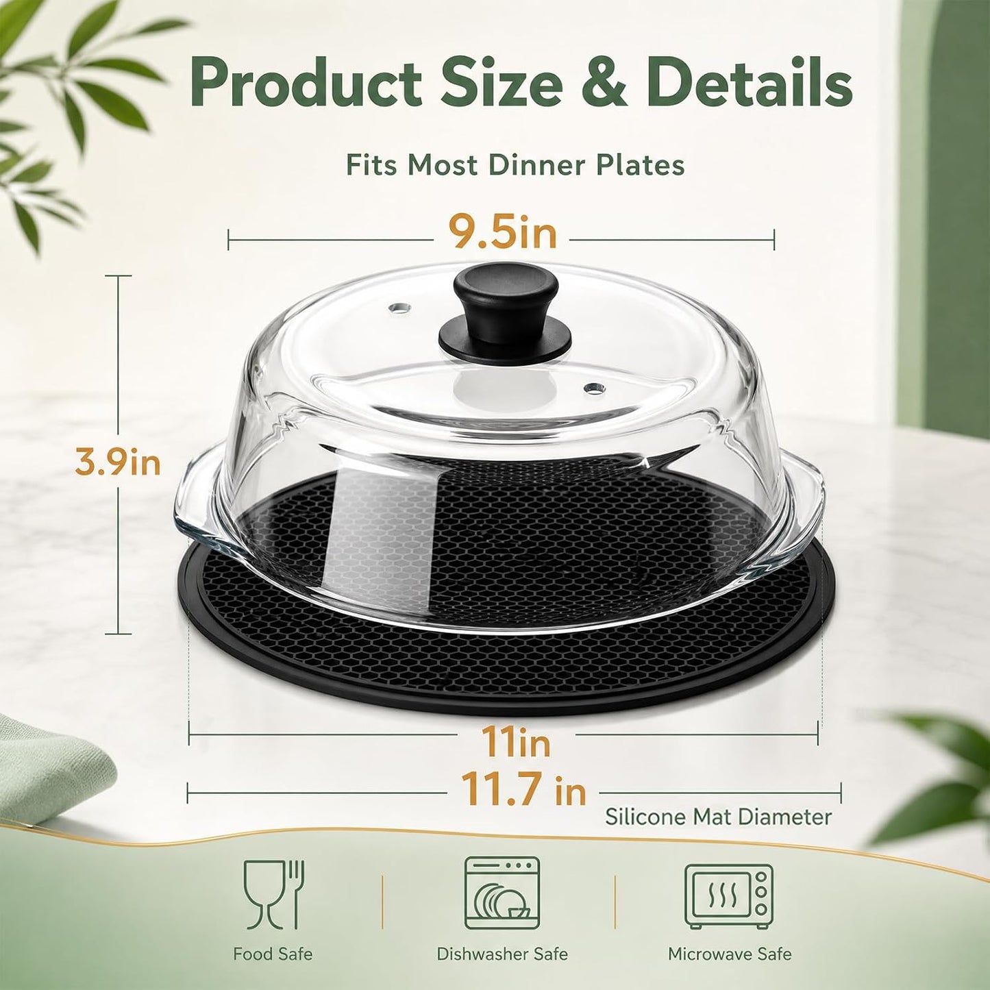 10-Inch Glass Microwave Splatter Cover with 2 Steam Vents and Silicone Mat | Clear Borosilicate Glass, Easy-Grip Silicone Knob with Ceramic Screw, Fits Most Dinner Plates and Bowls