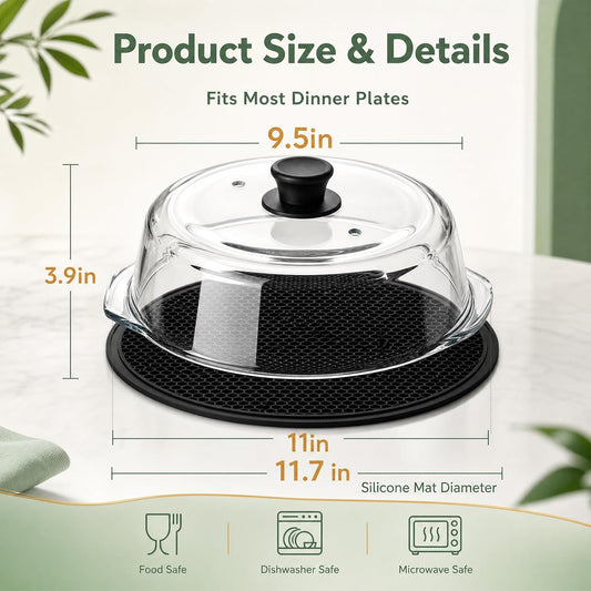 10-Inch Glass Microwave Splatter Cover with 2 Steam Vents and Silicone Mat | Clear Borosilicate Glass, Easy-Grip Silicone Knob with Ceramic Screw, Fits Most Dinner Plates and Bowls