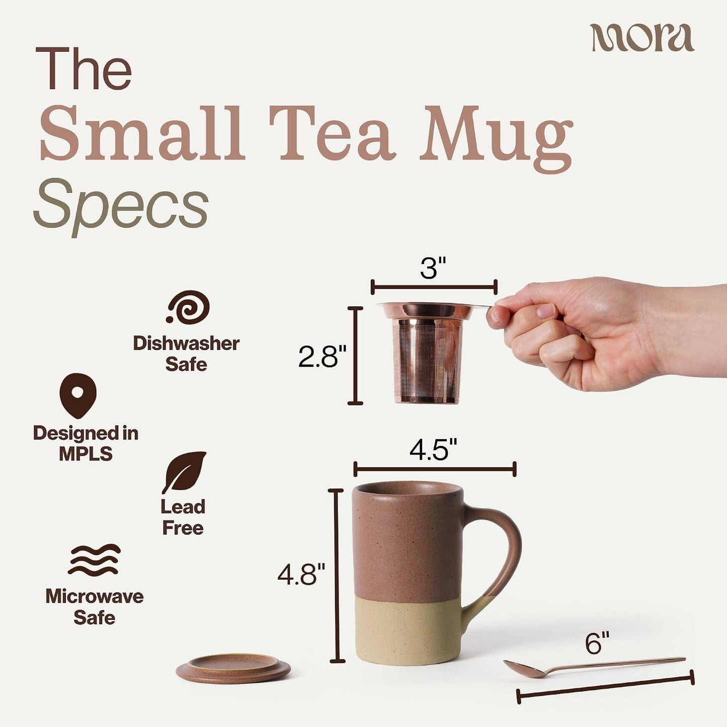 Mora Ceramics Tea Cup with Loose Leaf Infuser, Spoon and Lid, 12 oz, Microwave and Dishwasher Safe Coffee Mug - Rustic Matte Ceramic Glaze, Modern Herbal Tea Strainer - Great Gift for Women, Garnet