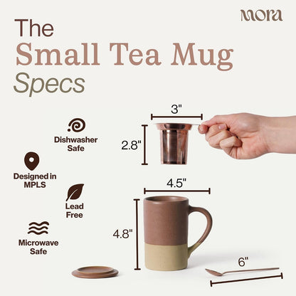 Mora Ceramics Tea Cup with Loose Leaf Infuser, Spoon and Lid, 12 oz, Microwave and Dishwasher Safe Coffee Mug - Rustic Matte Ceramic Glaze, Modern Herbal Tea Strainer - Great Gift for Women, Garnet