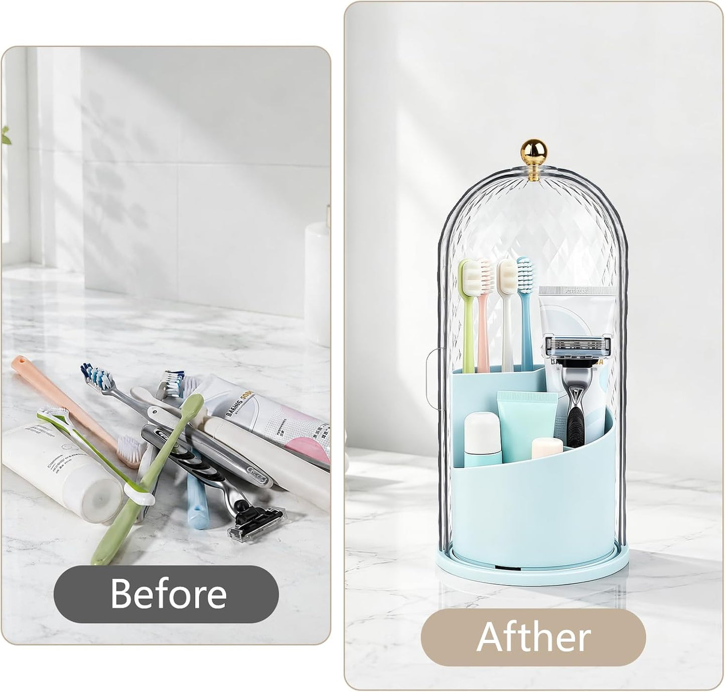 Toothbrush Holder with Cover for Bathroom Countertop, Organizer, White | Rotating 3 Slot Holder for Electric Toothbrushes, Toothpaste, Self Draining Vanity Organizer, Makeup Brush Storage