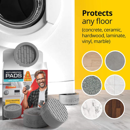 Heavy Duty Anti Vibration Pads for Washing Machine, Grey 4 Pack Washer Feet | Works as washer & dryer leveling pads or anti vibration mat. Universal fit up to 2.36in feet, reduces shaking & noise.