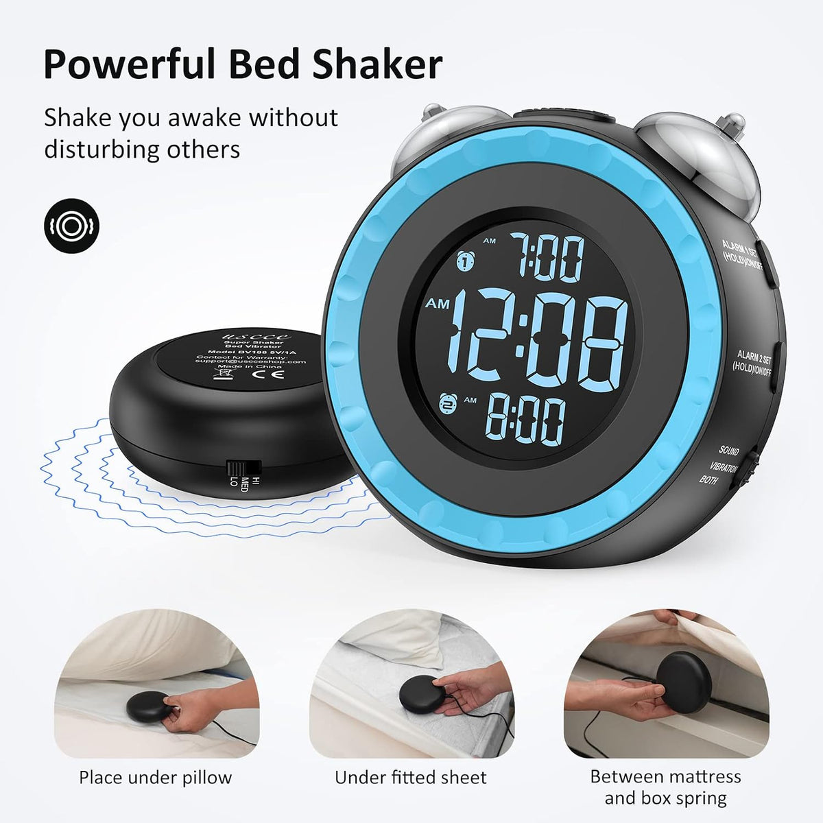 uscce Loud Dual Alarm Clock with Powerful Adjustable Bed Shaker