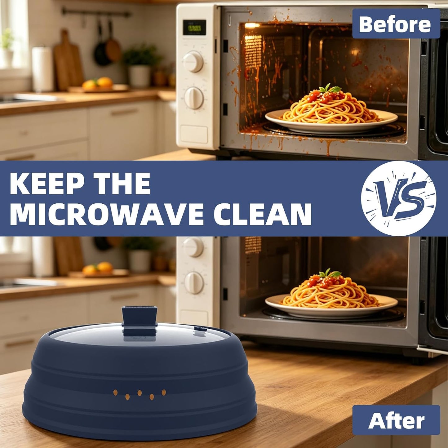Microwave Splatter Cover Glass Guard Lid with Collapsible Silicone for Food Pot Plate Cover 9.8 inch Dark Blue