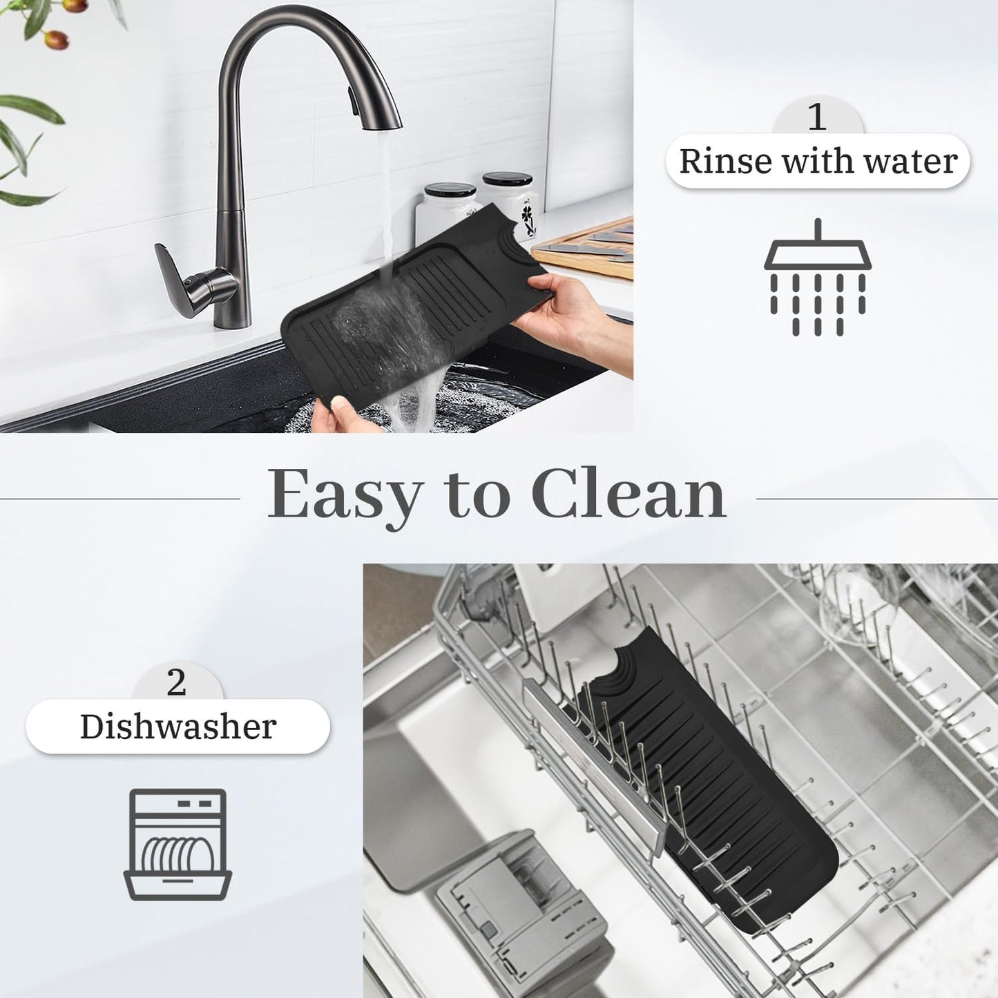 PoYang 23.6 Inch Silicone Sink Splash Guard, Kitchen Sink Mat, Light Grey | Faucet Mat with Wide Drainage & Cuttable Hole, Keeps Faucet Base Dry, Long & Short Sink Protectors for Kitchen, Bathroom & RV