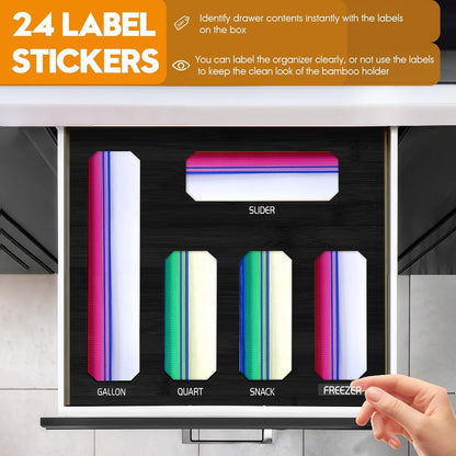 9 in 1 Foil and Plastic Wrap Dispenser with Cutter, Black Bamboo Ziplock Bag Organizer for Drawer - Holds Gallon, Quart Bags & Aluminum Foil/Wax Paper, Wall Mountable Kitchen Storage