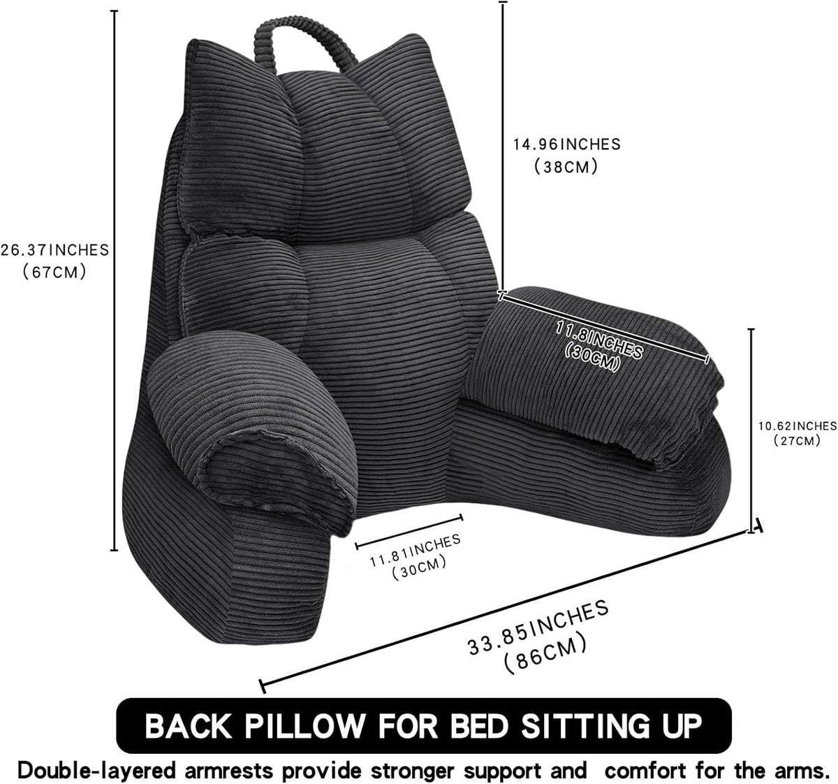 Reading Pillow for Bed with Arms, Back Support, Memory Foam（Grey Black）