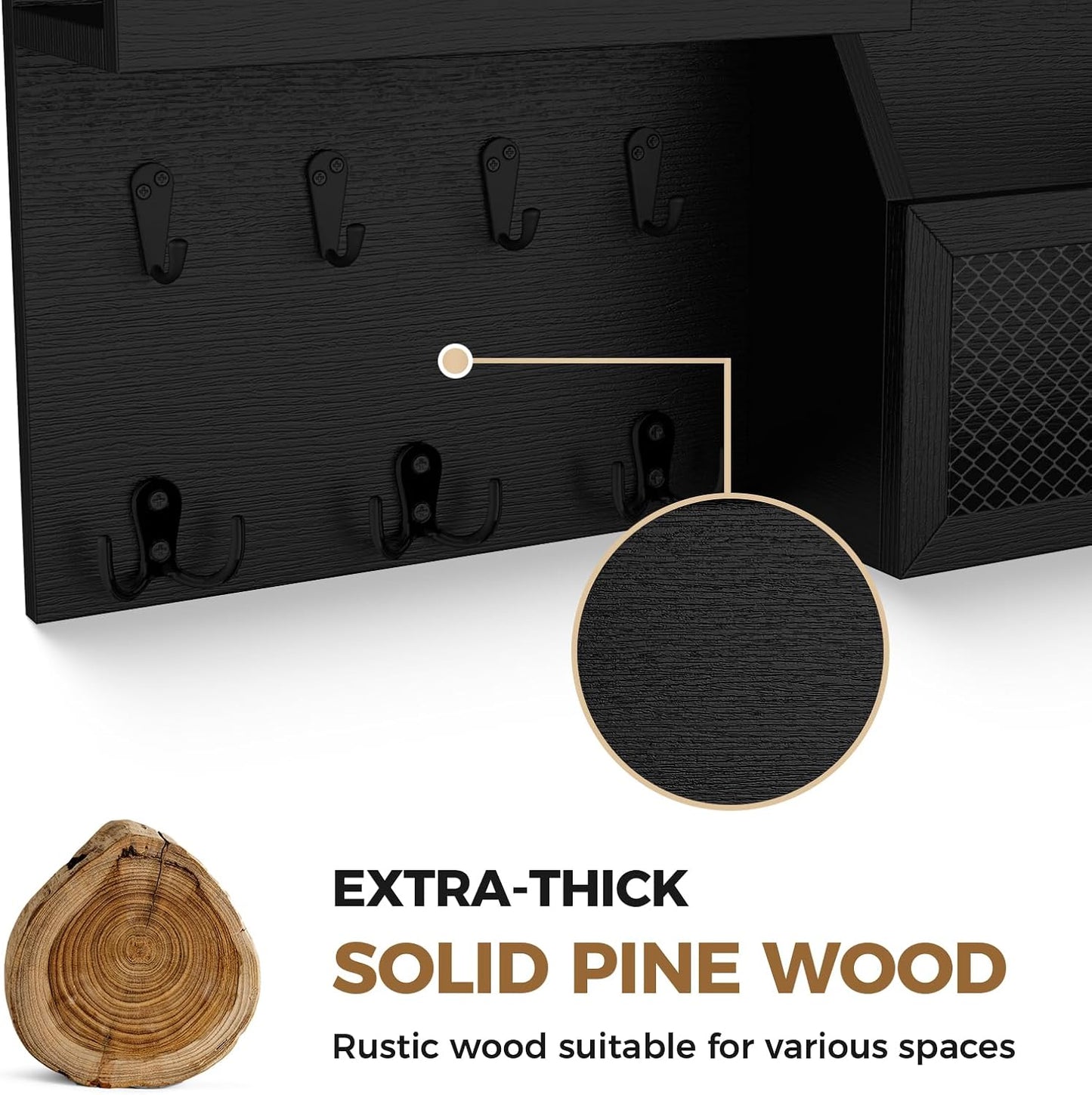 LubanNese Key Holder Wall Mount Pine Wood 16 X 8 Mail Organizer Farmhouse Key Rack for Wall with Hooks and Shelf, Rustic Wooden Key Hanger for Entryway (Rustic Black)