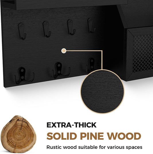 LubanNese Key Holder Wall Mount Pine Wood 16 X 8 Mail Organizer Farmhouse Key Rack for Wall with Hooks and Shelf, Rustic Wooden Key Hanger for Entryway (Rustic Black)