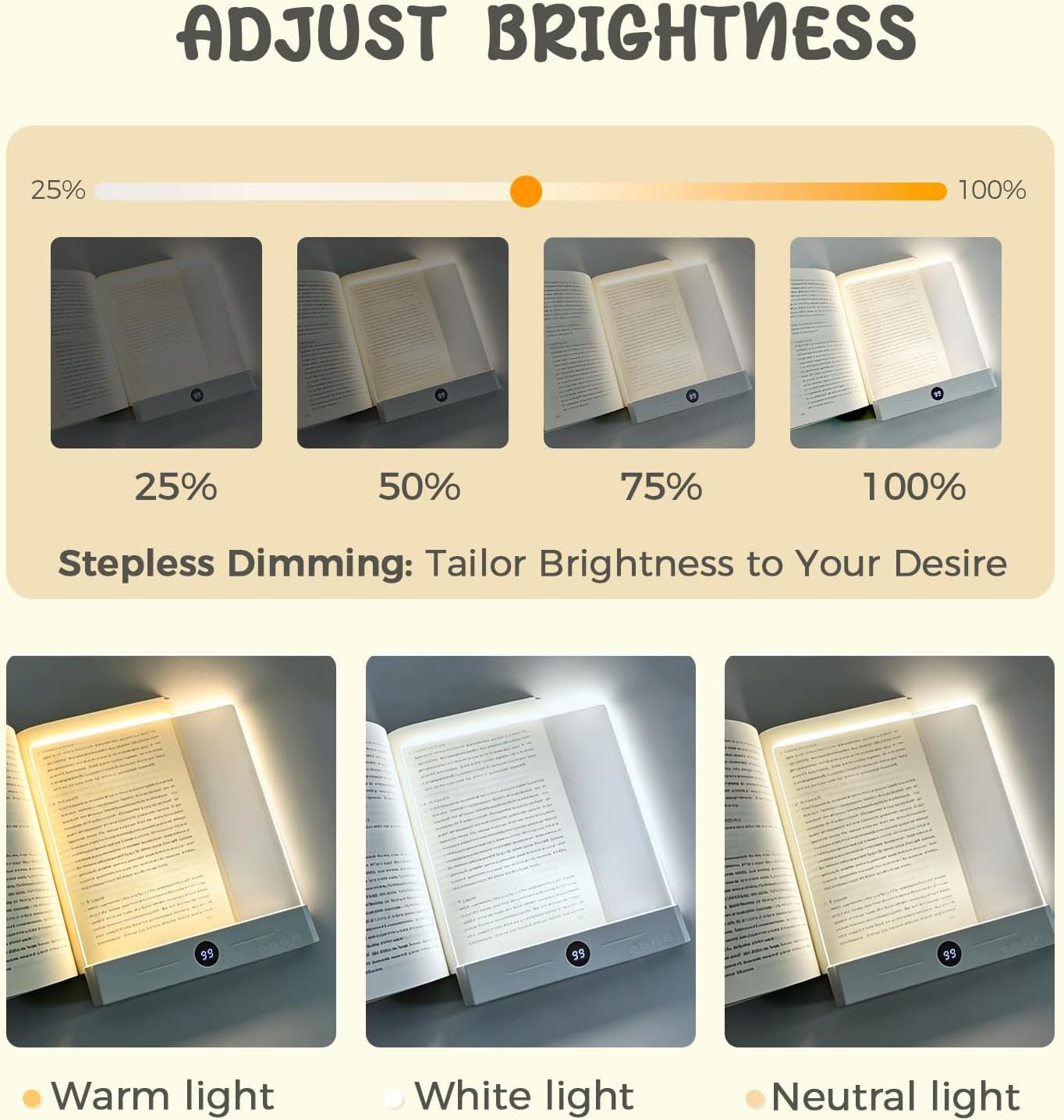 LED Book Light and Night Light, 3 Color Temperatures & Stepless Dimming | Large Eye-Caring Clear Flat, USB Rechargeable, Reading in Bed at Night for Book Lovers, Students (8.4" x 7.3")