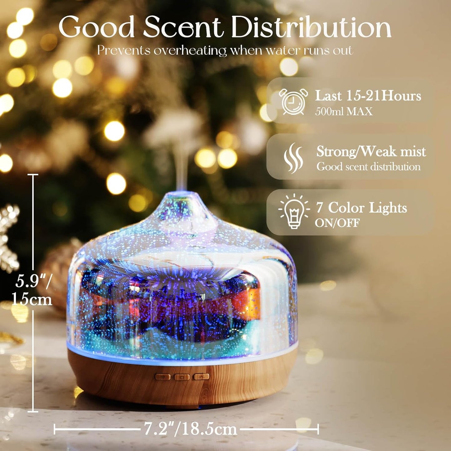 Porseme 500ml Glass Essential Oil Diffuser Aromatherapy Ultrasonic Cool Mist Humidifier 15-21 Running Hours Waterless Auto-Off Air Diffusers for Sleeping Yoga Working Spa(Light Blue)