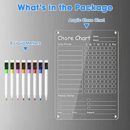 Fridge Chore Chart Clear Acrylic Dry Erase Checklist | with 8 Markers 15.7x11.8inch Magnetic Weekly Chore Chart for Teens Kids Family Kitchen Refrigerator Daily Weekly Schedule