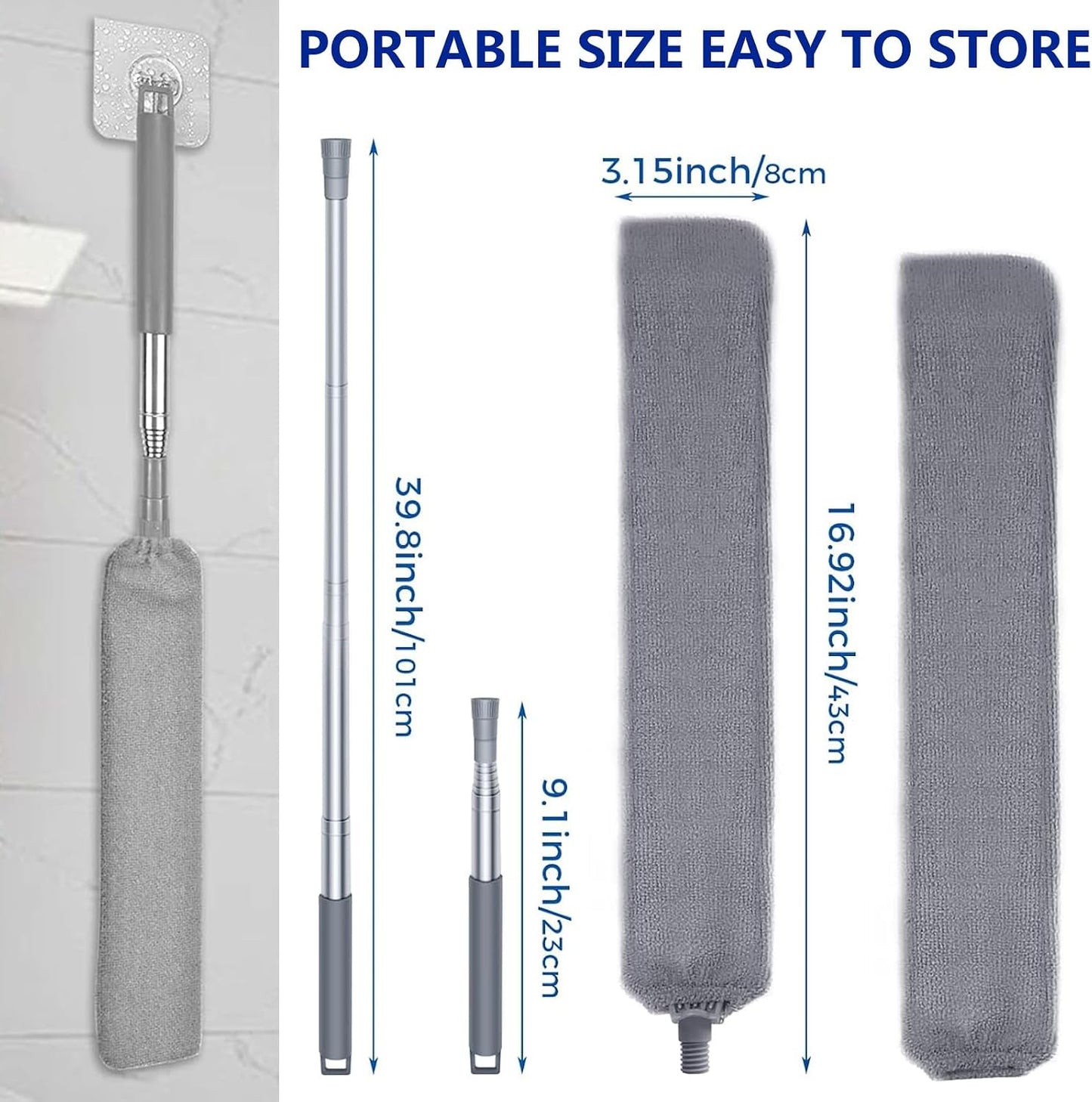 Retractable Gap Dust Cleaner with Extension Pole, Cleaning Tools with 2 Microfiber Dusting Cloths, Washable Extendable Long Handle Gap Dusters for Sofa Bed Furniture Bottom (2pcs Duster Cloths)