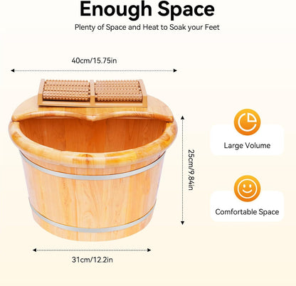 Cedar Wood Foot Spa Bath Bucket with Shiatsu Massage Roller & Lid - 30 Min Heat Retention, Natural Wooden Soaking Tub for Relaxation, Great for Parents