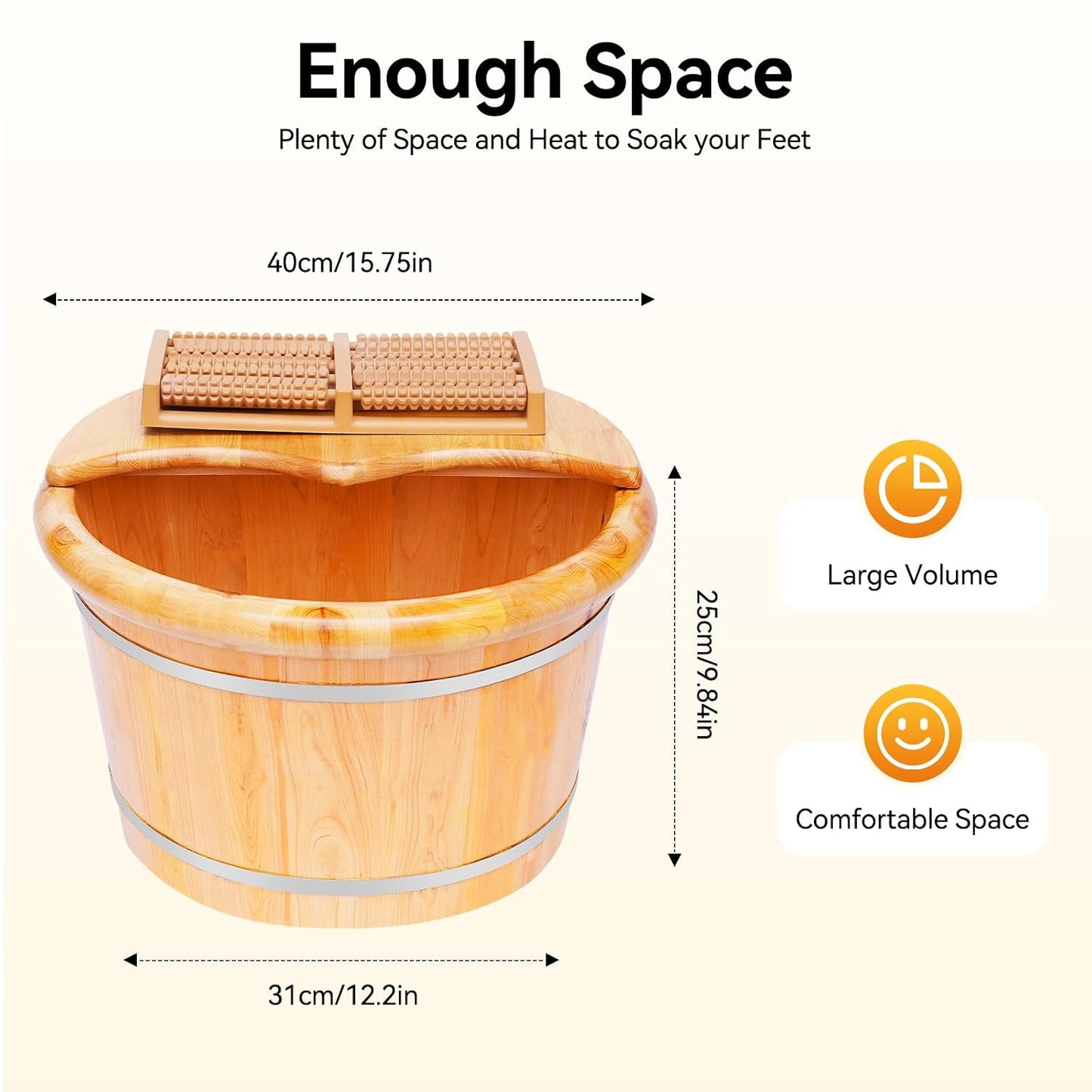Cedar Wood Foot Bath Bucket, Large Wooden Foot Spa Tub with Massage Roller, Natural Pedicure Foot Soaking Barrel for Home Relaxation, Stress Relief, Deep Cleaning, 15.75 Inch, Includes Lid