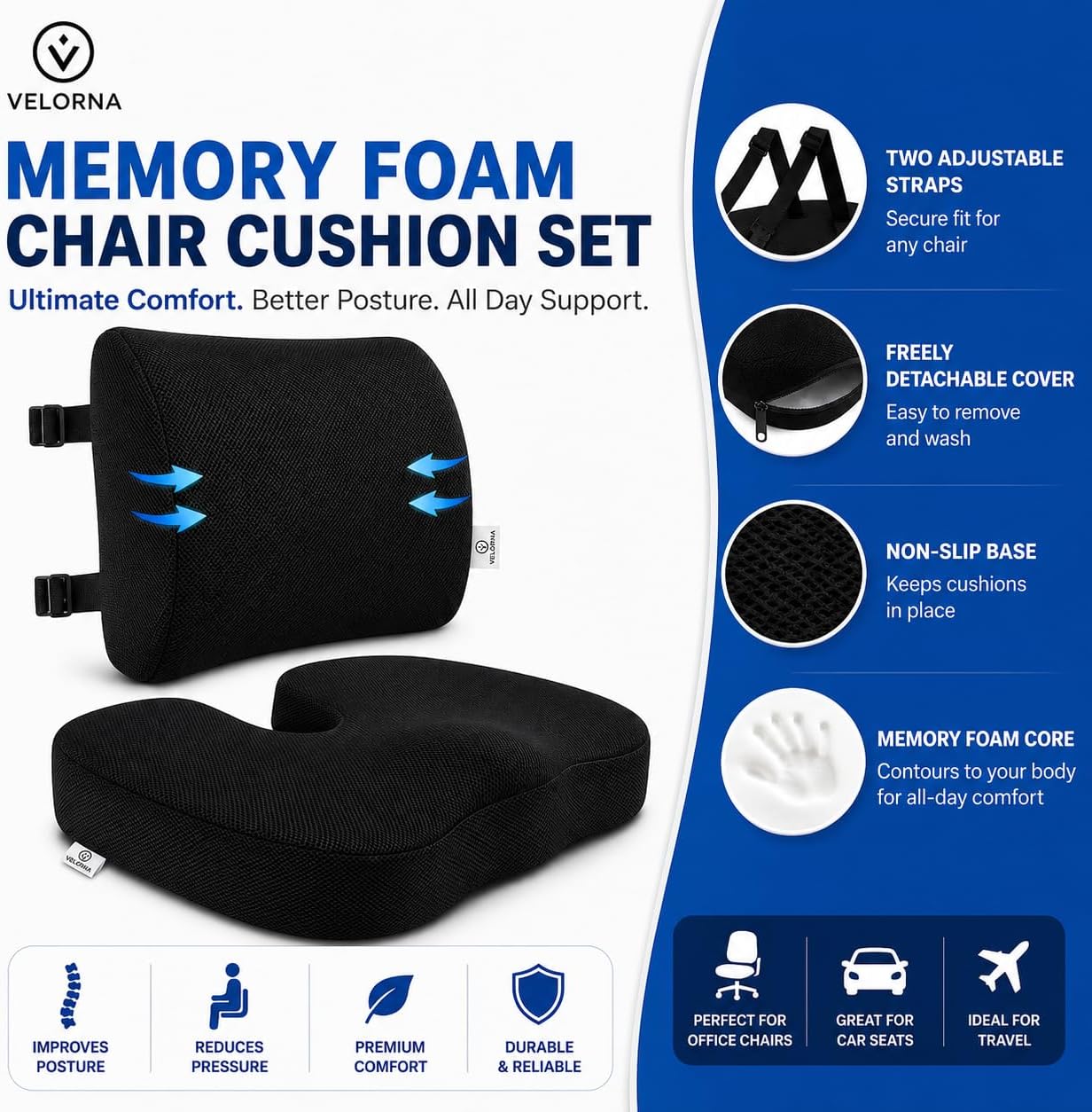 2-in-1 Memory Foam Seat Cushion & Lumbar Support Set | Ergonomic Office Chair Cushion for Tailbone, Sciatica & Help Back Pain Relief | Non-Slip Coccyx Pad, Washable Cover, Adjustable Strap