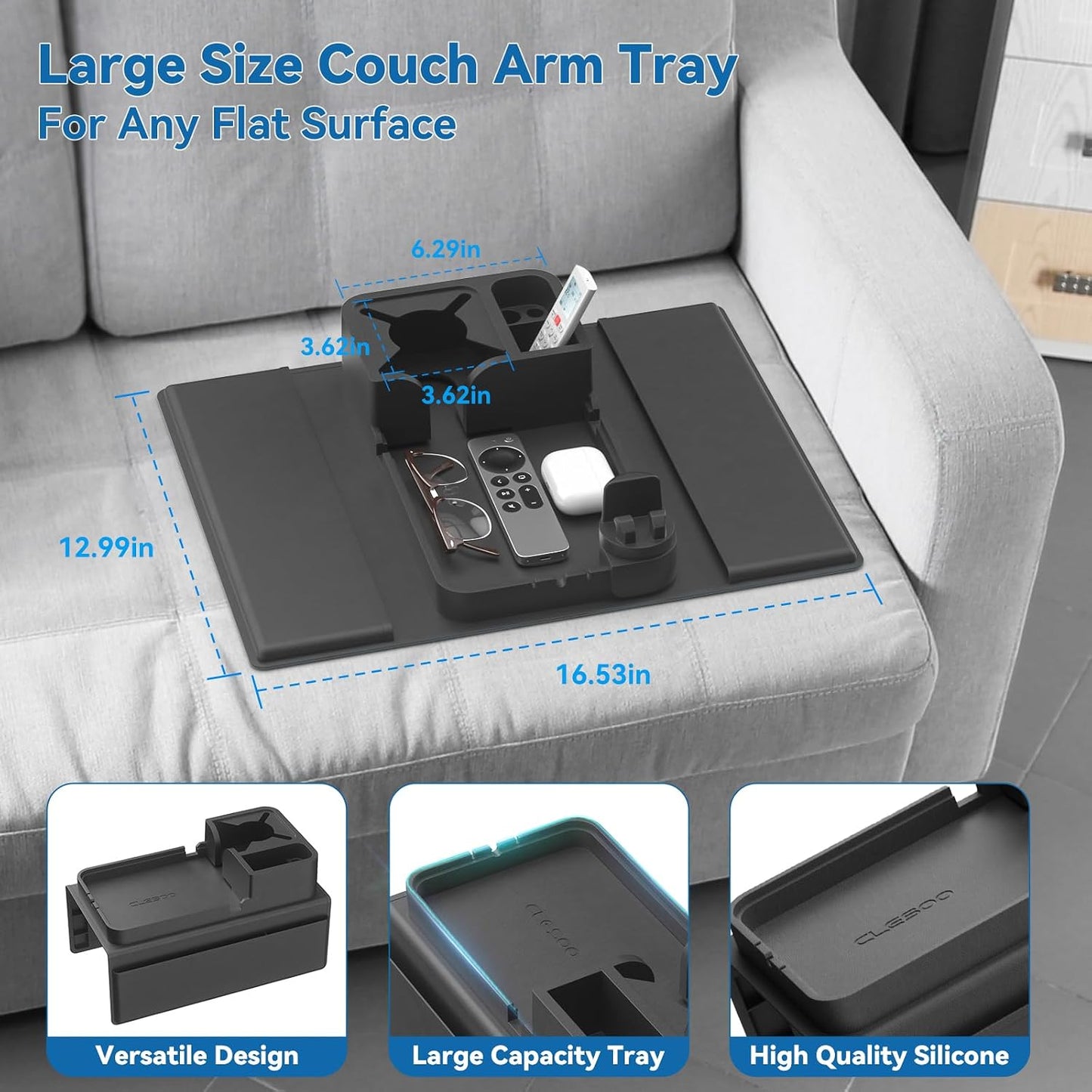 Couch Arm Cup Holder CLESOO Couch Arm Tray Anti-Slip Couch Cup Holder Silicone Sofa Armrest Tray Dual Side Pocket Couch Drink Holder Sofa Caddy Arm Remote Holder Snack Caddy with Phone Holder Blue