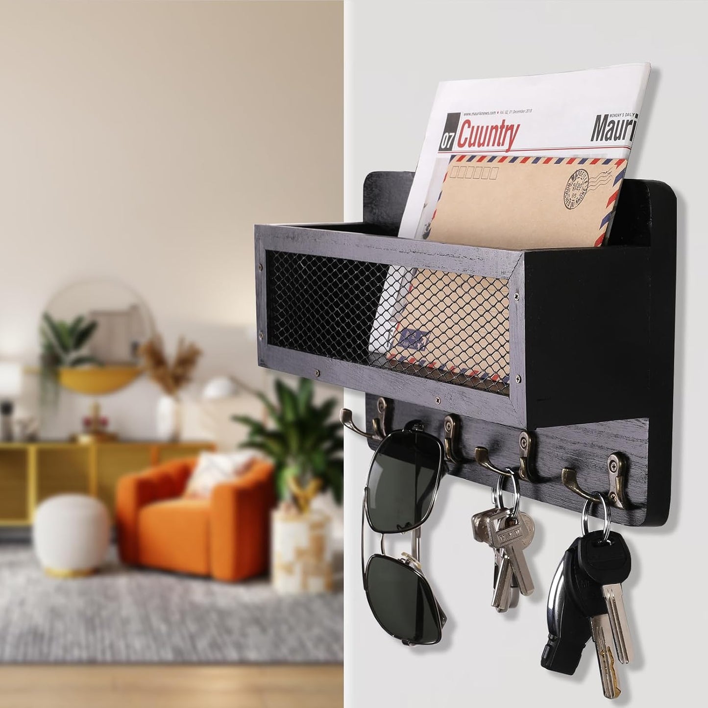 ADIIL Mail and Key Holder for Wall Decorative, Wooden Wall Mount Key Rack Hanger Organizer with 4 Double Key Hooks, Rustic Home Decor for Entryway Hallway, Brown