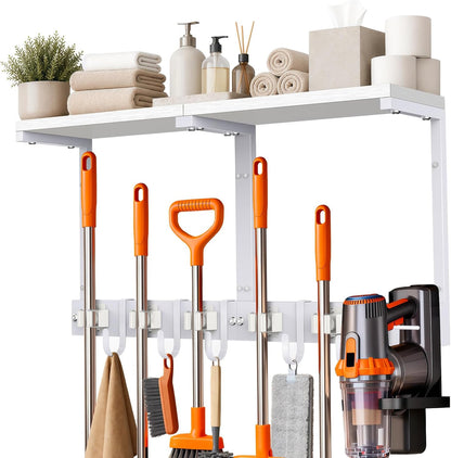 Large Broom Holder Wall Mount with Shelf, Vacuum Organizer, 5 Slots 5 Hooks | Black, 3-In-1 Wall Mount Stores Brooms/Mops/Vacuum, Cleaning Supplies With 5 Grippers/5 Hooks And A Sturdy Wooden Top Shelf