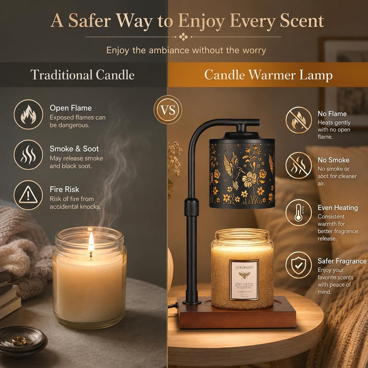 Candle Warmer Lamp Adjustable Height Dimmable for Jar Candles Hummingbird