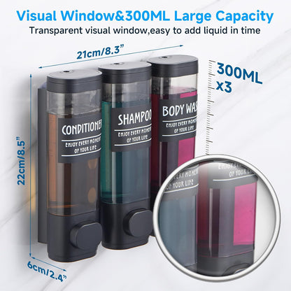 Shampoo and Conditioner Dispenser,GlintGath Shower Dispenser 2 Chamber No Drill Shampoo Dispenser for Shower Wall Mounted Shower Soap Dispenser for Bathroom Hotel,2 * 300ML,Matte Black