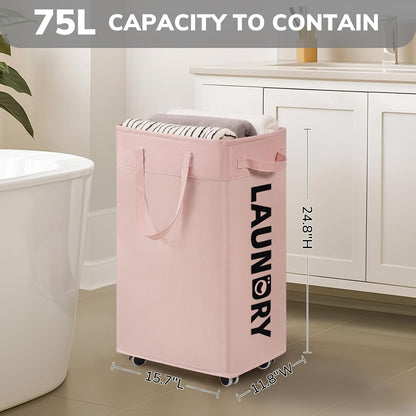 Goodpick 75L Laundry Basket with Wheels & Removable Wash Bag for Dorm | Rolling Laundry Basket with Handles for Dirty Clothes, Fodable Hamper for Laundry Room, Dorm Room Essentials, Grey
