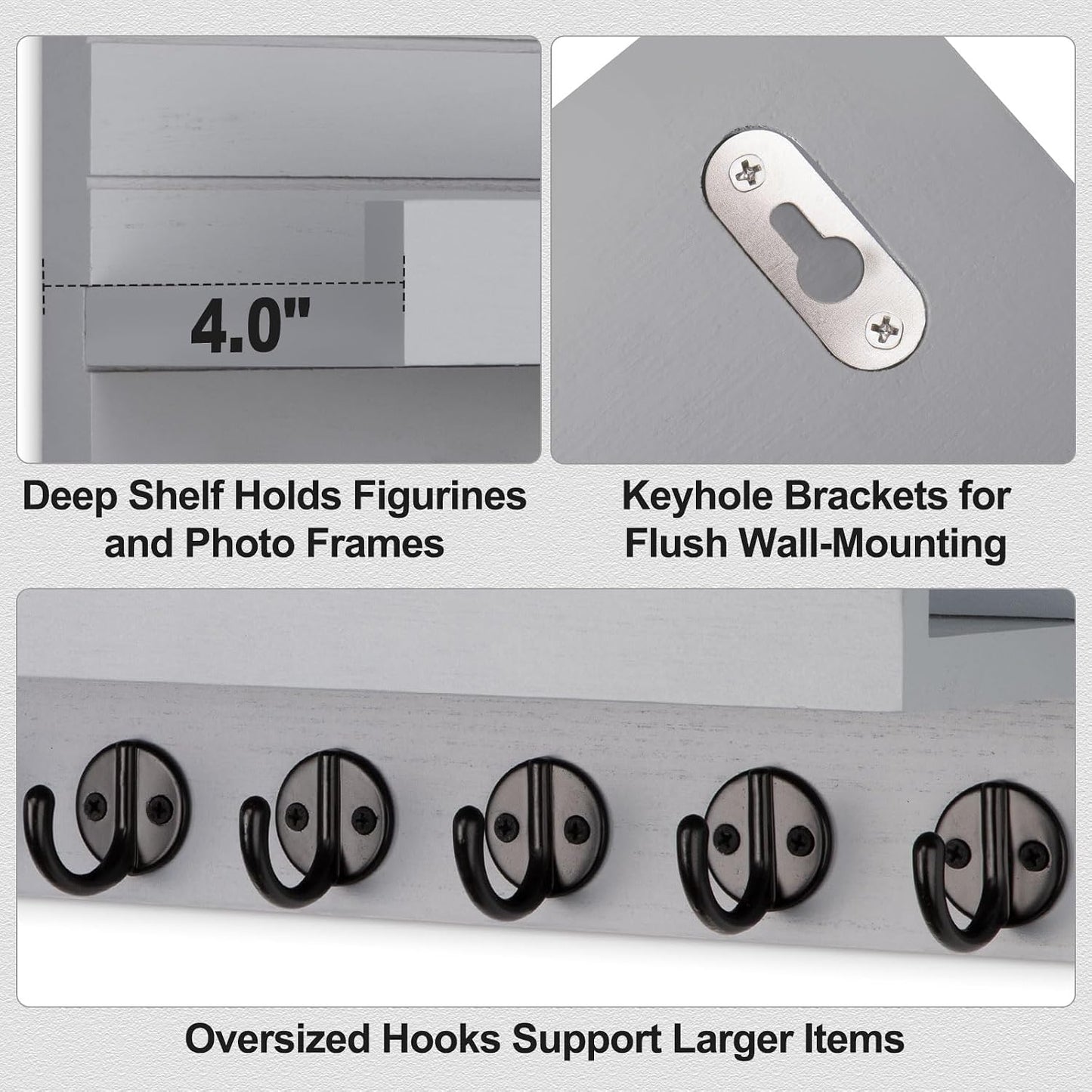 Lwenki Key Holder Wall Mount, Entryway Key and Mail Holder with 7 Sturdy Hooks for Sunglasses, Dog Leash, Decorative Wall Shelf with Mounting Hardware, 15”W x 6.7”H x 4.2”D