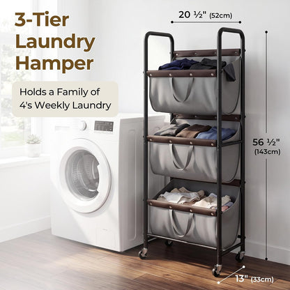 GRANNY SAYS 3 Tiered Laundry Sorter, Narrow Hamper Cart with Wheels | Sturdy 3 Section Laundry Basket with Wheels, Vertical Beige Hamper Cart for Bedroom, Bathroom, Apartment