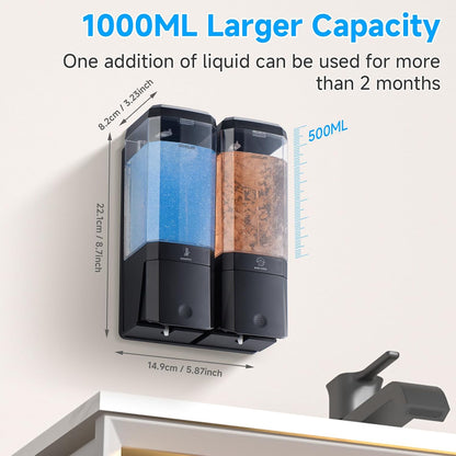 GlintGath Shower Dispenser 3 Chamber No Drill Wall Mounted Shampoo Conditioner Body Wash Dispenser, Large Capacity 1500ML, Black