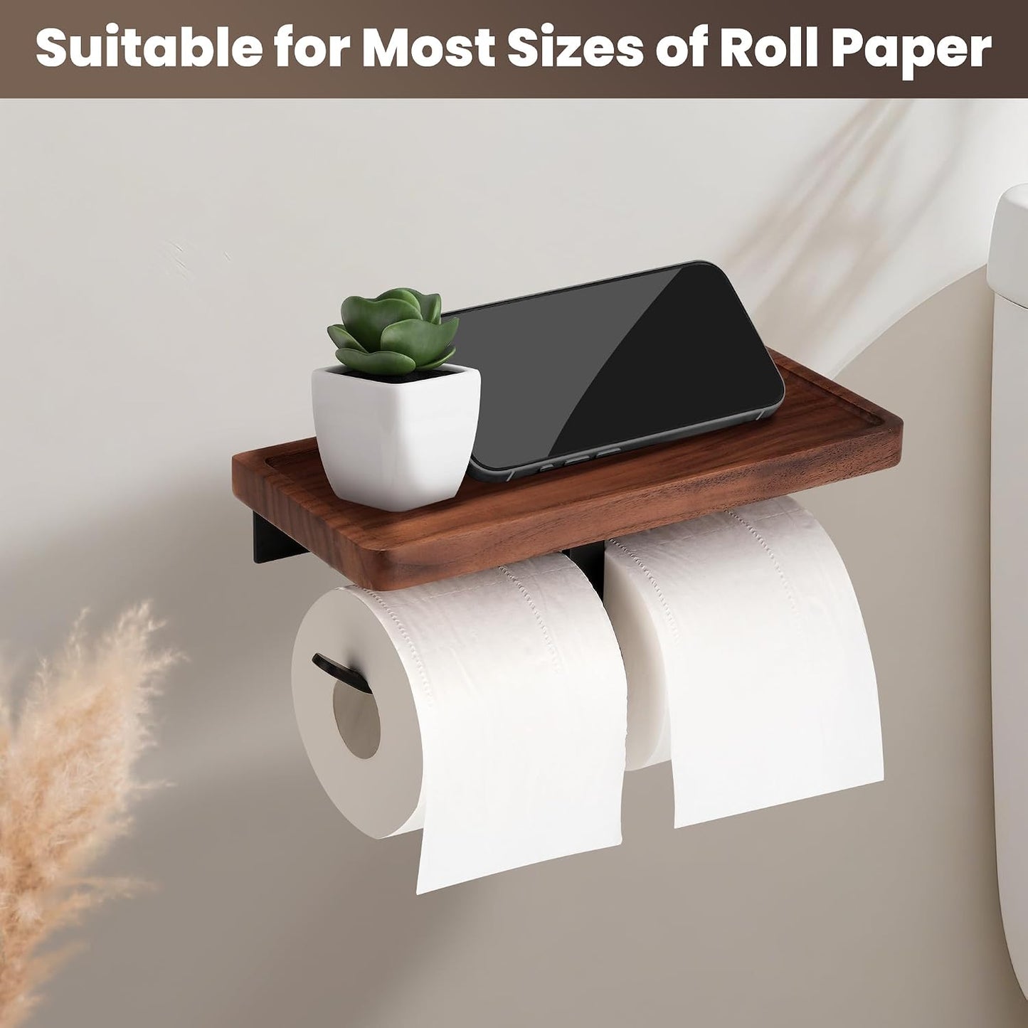 Toilet Paper Holder Walnut Wood Shelf - Wall Mount & Self-Adhesive | Bathroom Tissue Holder, Black Stainless Steel with Walnut Shelf for Phone - Home Apartment Restroom Decor Essentials