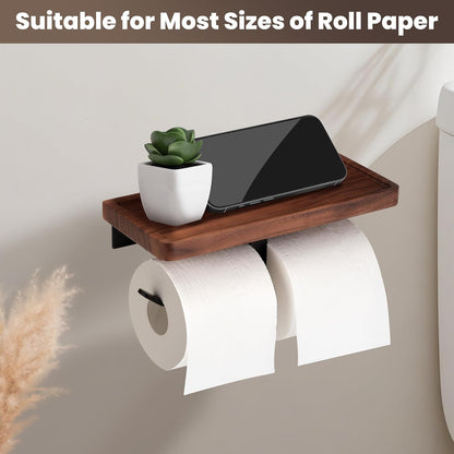 Toilet Paper Holder Walnut Wood Shelf - Wall Mount & Self-Adhesive | Bathroom Tissue Holder, Black Stainless Steel with Walnut Shelf for Phone - Home Apartment Restroom Decor Essentials