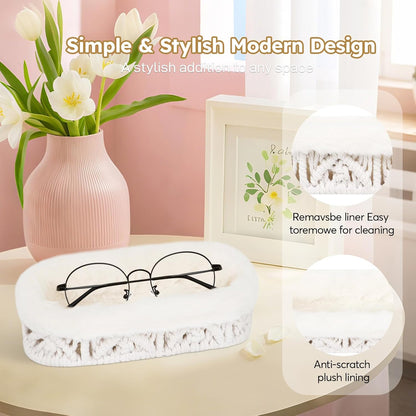 Glasses Holder, Anti-scratch Plush Lined Eyeglass Holder Stand | Oval Eye-glasses Storage Organizer Case for Nightstand, Office Desk, Bedside Table, Beige