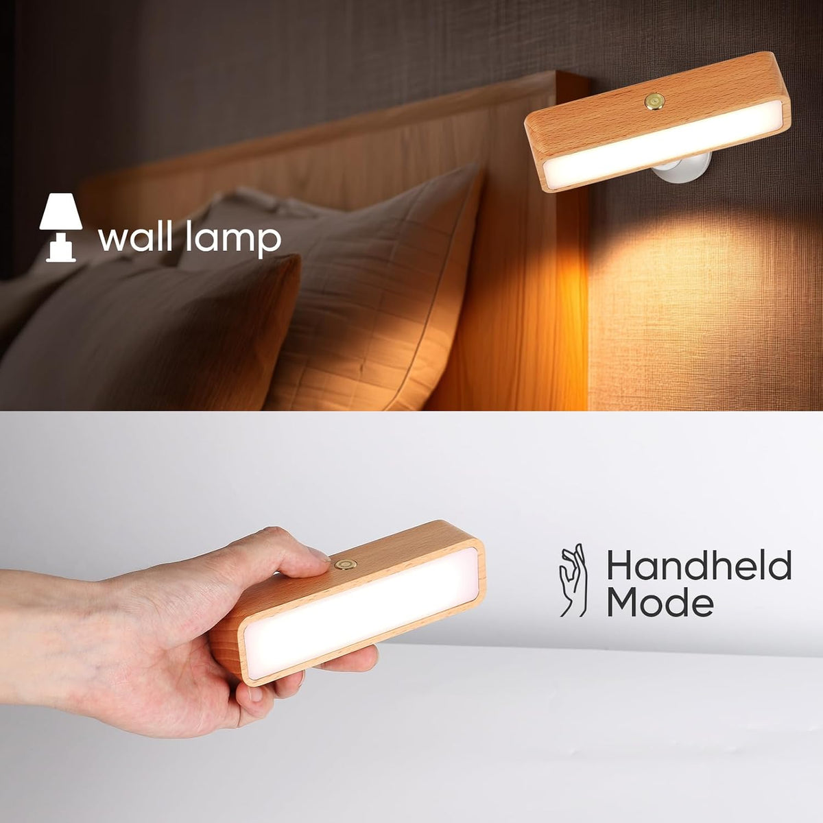 Battery Operated Wall Sconces Set of Two, Rechargeable Wall Lights Battery Operated, Wood Stick On Wall Mounted lamp Bedside Reading for Bedroom, Stepless Dimmable Wall Lamps for Living Room