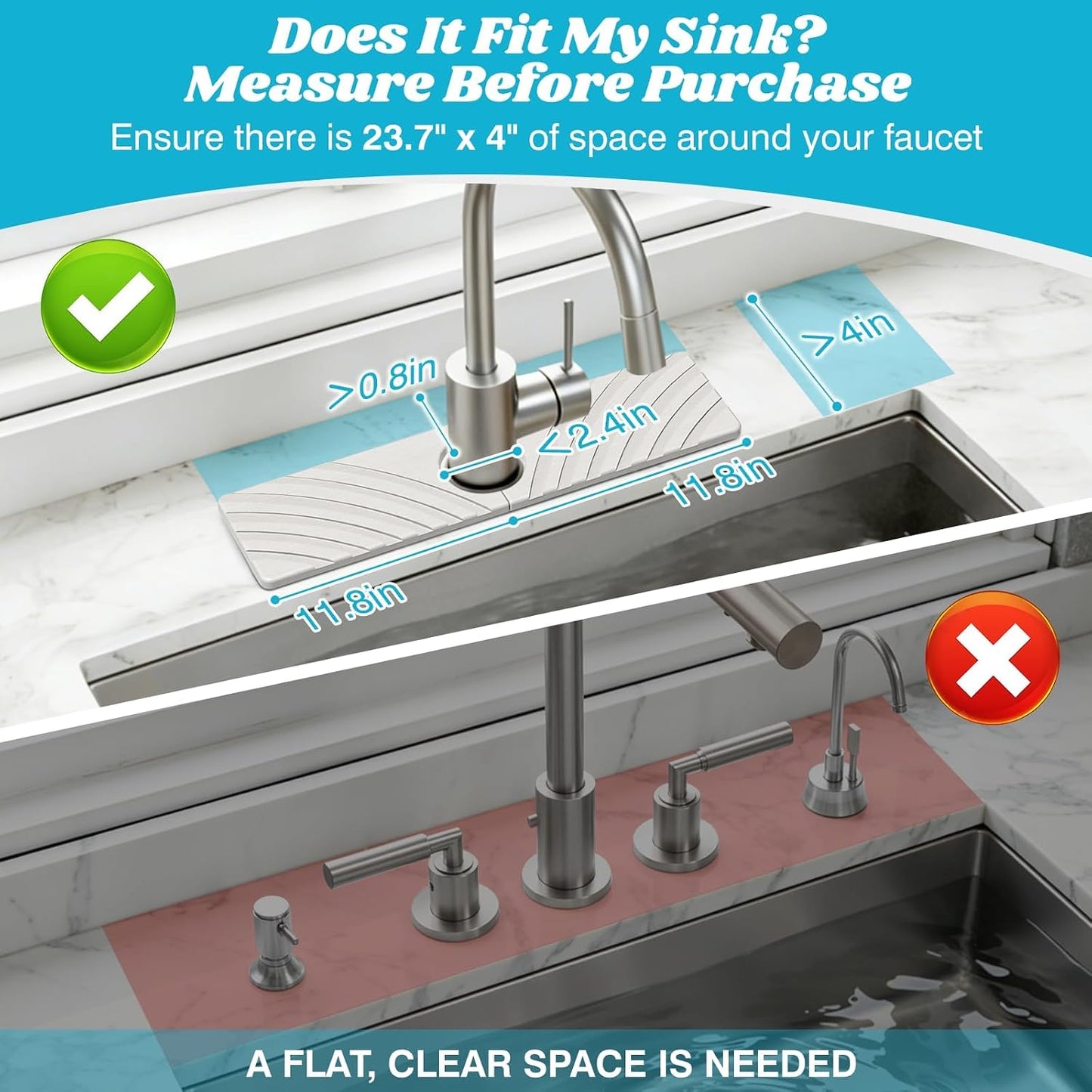SpaceHacks Stone Faucet Mat for Kitchen Sink 23.7x4 in, Light Gray | Fast Drying Diatomite Stone Drying Mat, Water Splash Guard, Textured Drainage Sink Protector, Suits Bathroom&Kitchen Counter