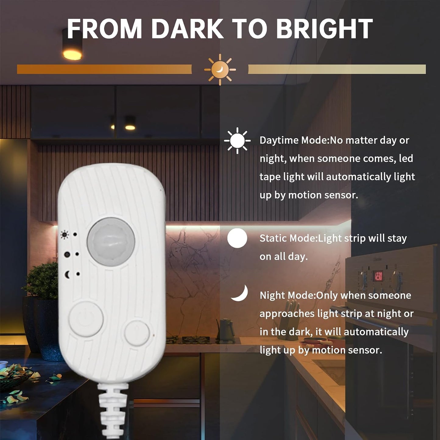 LED Light Strip Motion Sensor, USB Powered, Waterproof Rope Lights 6000K, Day and Night Modes Dimming, Indoor/Outdoor Use, Adhesive Tape 16.4ft