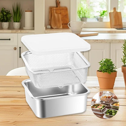 Stainless Steel Food Container with Strainer Colander Set Fridge Organizer Bin Multifunctional Kitchen Drain Basket for Lettuce Fruits, Vegetables, 1500ml