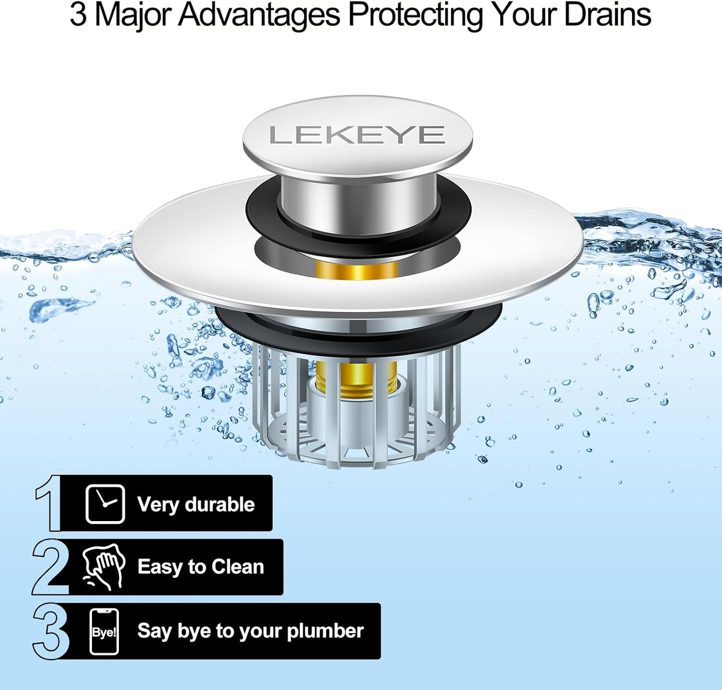 LEKEYE Tub Stopper | Shower Drain Hair Catcher | Pop-up Drain Stopper with Strainer | Bathroom Bathtub Plug | Drain Protector for 1-1/2 to 1-3/4" Bath Drain Hole